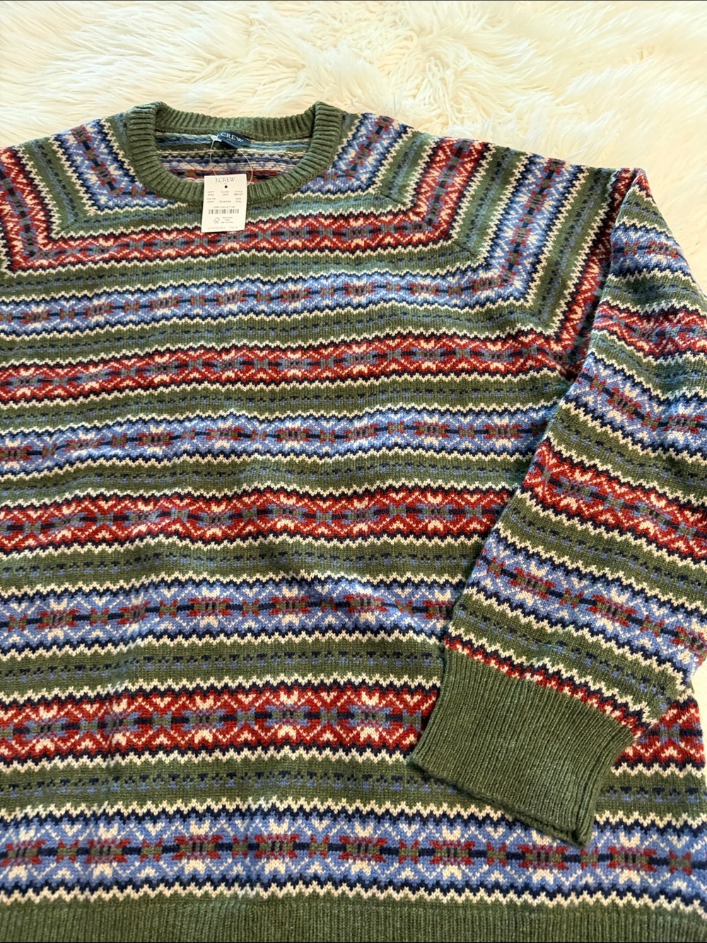J. Crew Olive Fair Isle Crewneck Sweater with Red and Blue Accents beautiful XXL - Picture 8 of 8